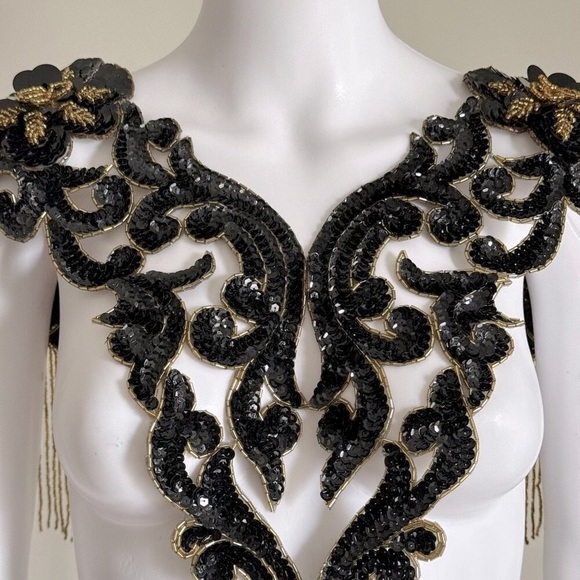 Vintage Black & Gold Ornate Hand Beaded Sequin Bodice Appliqués Patch Piece - Picture 4 of 10
